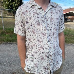 Rosso Milano Italy Modern Fit Floral Tan Short Sleeve Shirt Soft Large